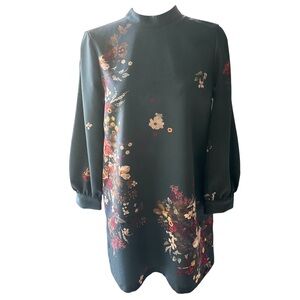 Zara Dark Green Floral Mock Neck Shift Dress Size Small